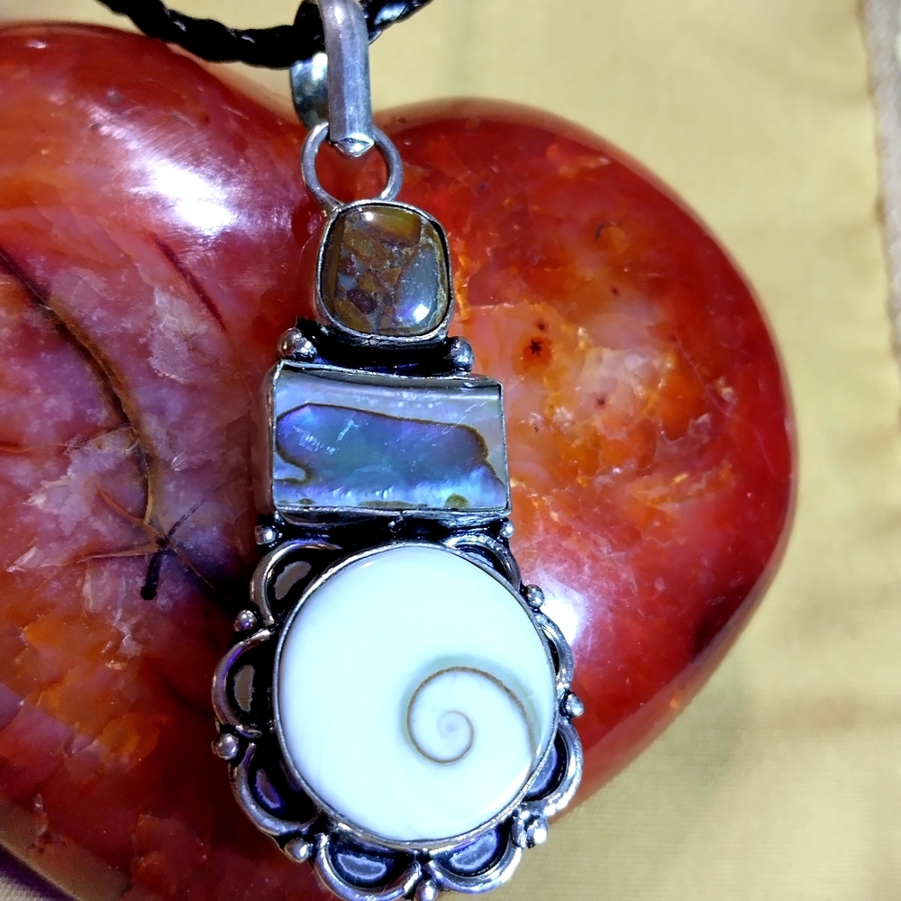 BALI STERLING SHIVA, ABALONE,UNAKITE, PENDANT. 18-STERLING CHAIN.  🚫NOT CORD👇
